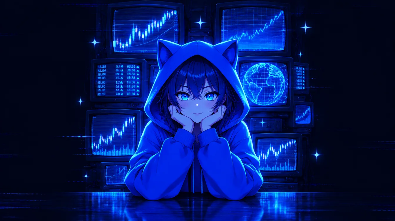 ArcStock character resting on a desk in front of a wall of CRT screens showing rising blue market charts